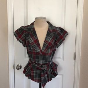Plaid top with cap sleeves and tie at waist